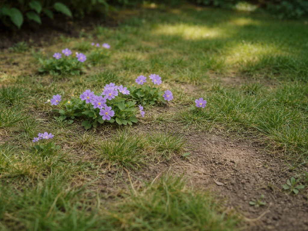 Gazon clairsemé autour de plusieurs fleurs mauves, montrant des zones plus sèches et compactées