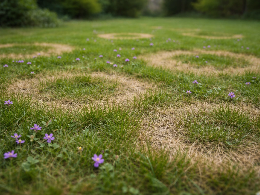 Gazon avec taches annulaires en anneaux et quelques fleurs mauves, vue au ras du sol.