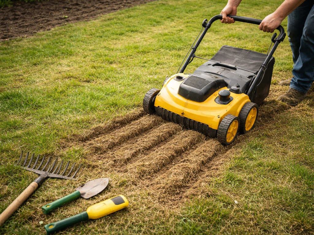 Gazon scarifié et aéré, avec une zone prête pour le sursemis, vue au niveau du sol dans un jardin.