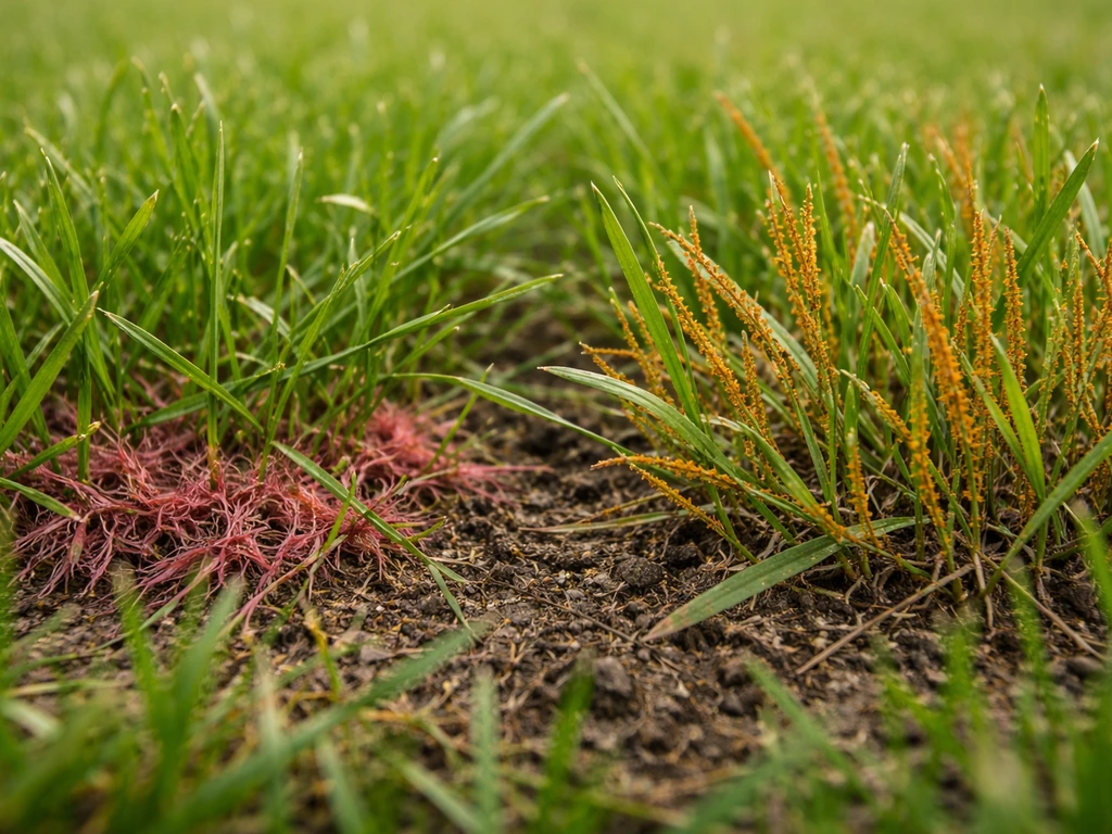 Gazon en gros plan montrant deux zones distinctes : tache rouge type « fil rouge » et rouille brune sur brins d’herbe.