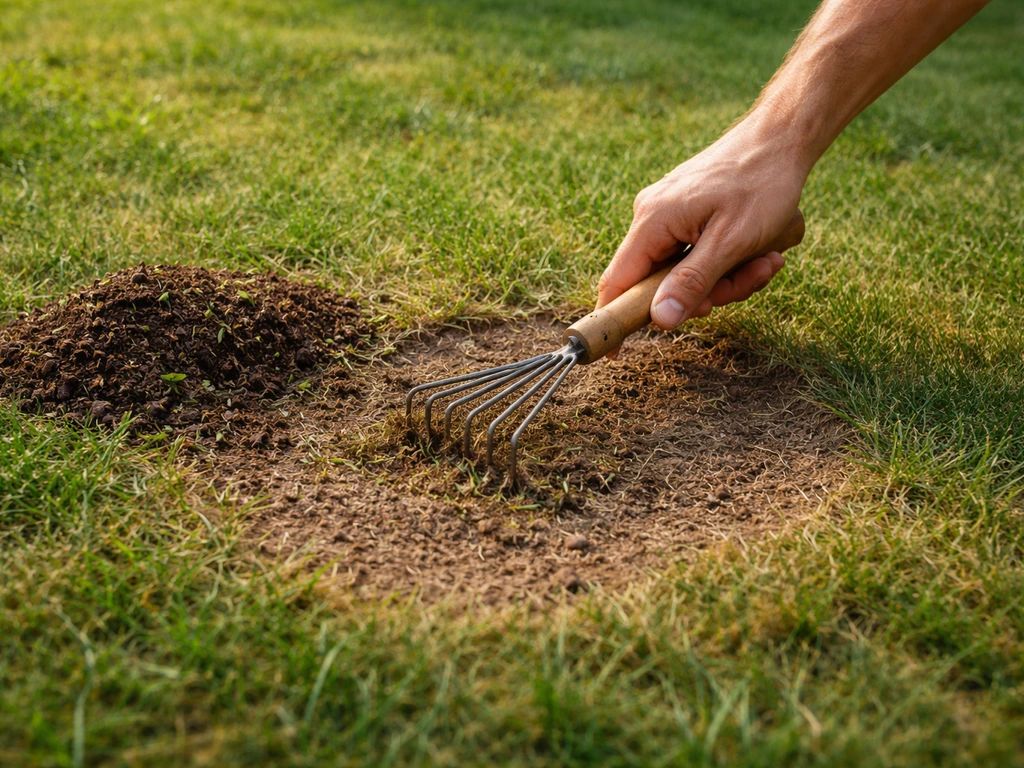 Pelouse abîmée en cercle, râteau manuel pour scarifier légèrement et terreau pour réensemencer.