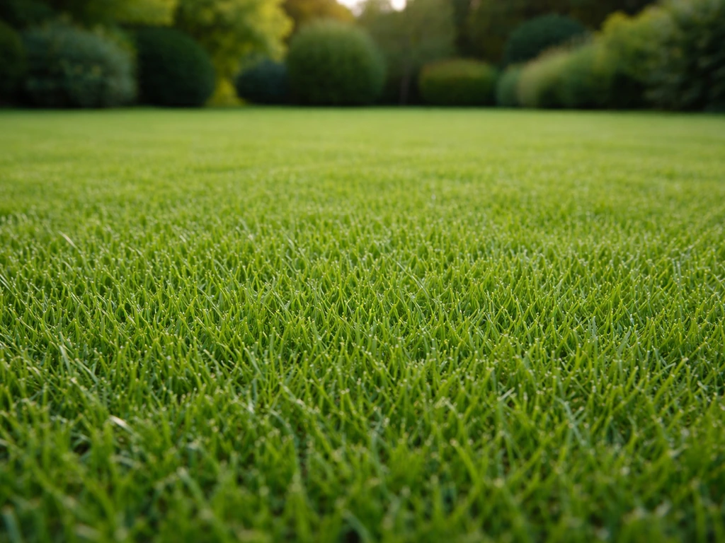 Pelouse verte dense et homogène, sans trous ni mousse, vue au ras du sol