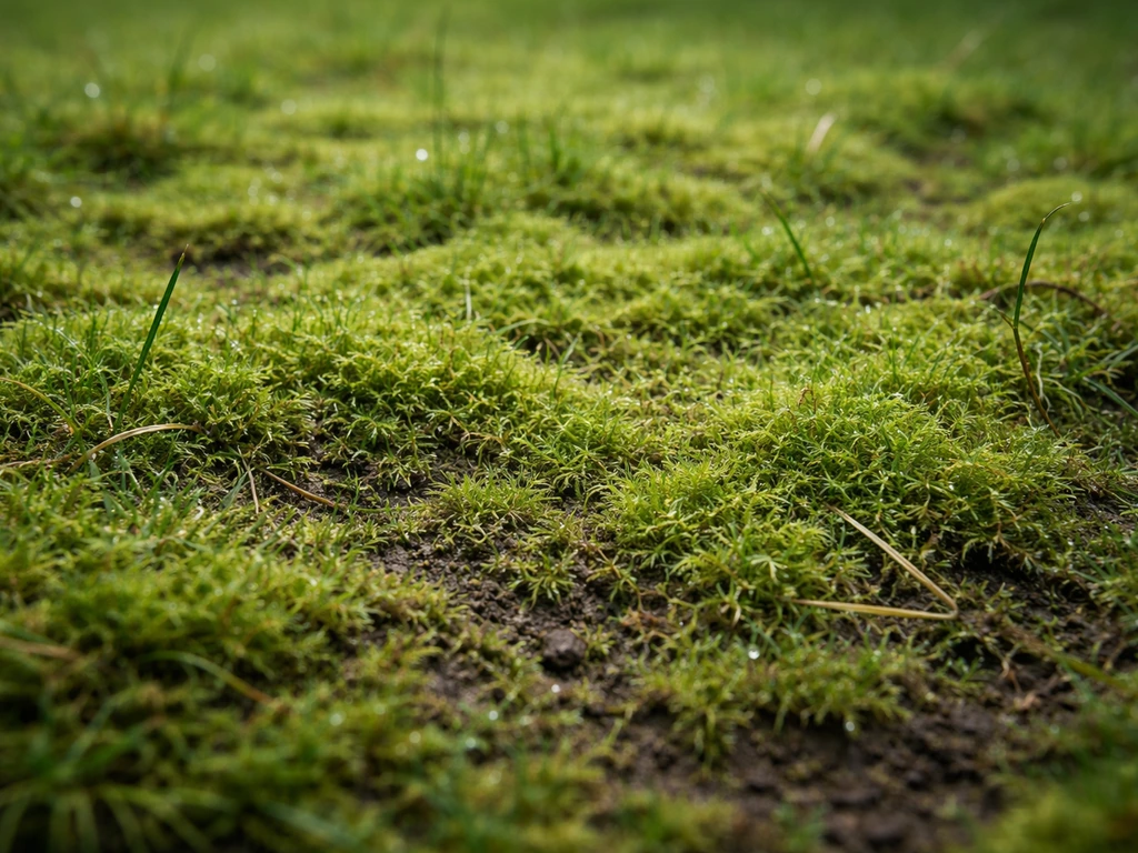 Plan rapproché d’une mousse verte épaisse et humide recouvrant le sol d’une pelouse.