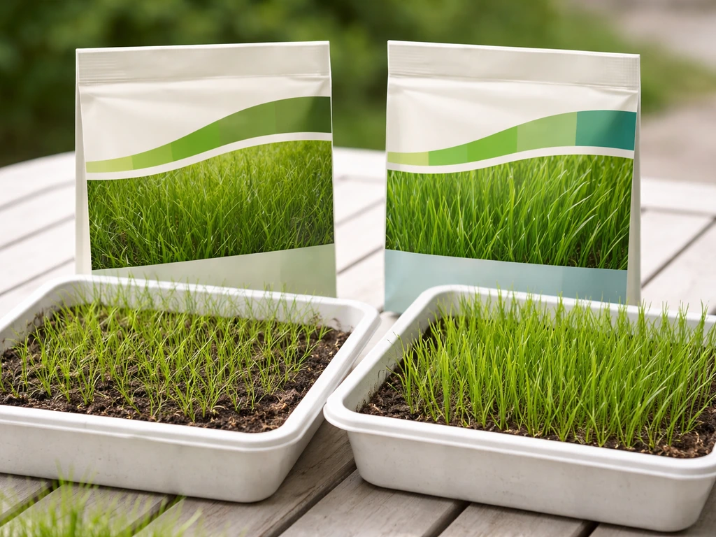 Gros plan de bacs de gazon et sachets de semences avec textures de ray-grass et fétuque, sans texte lisible.