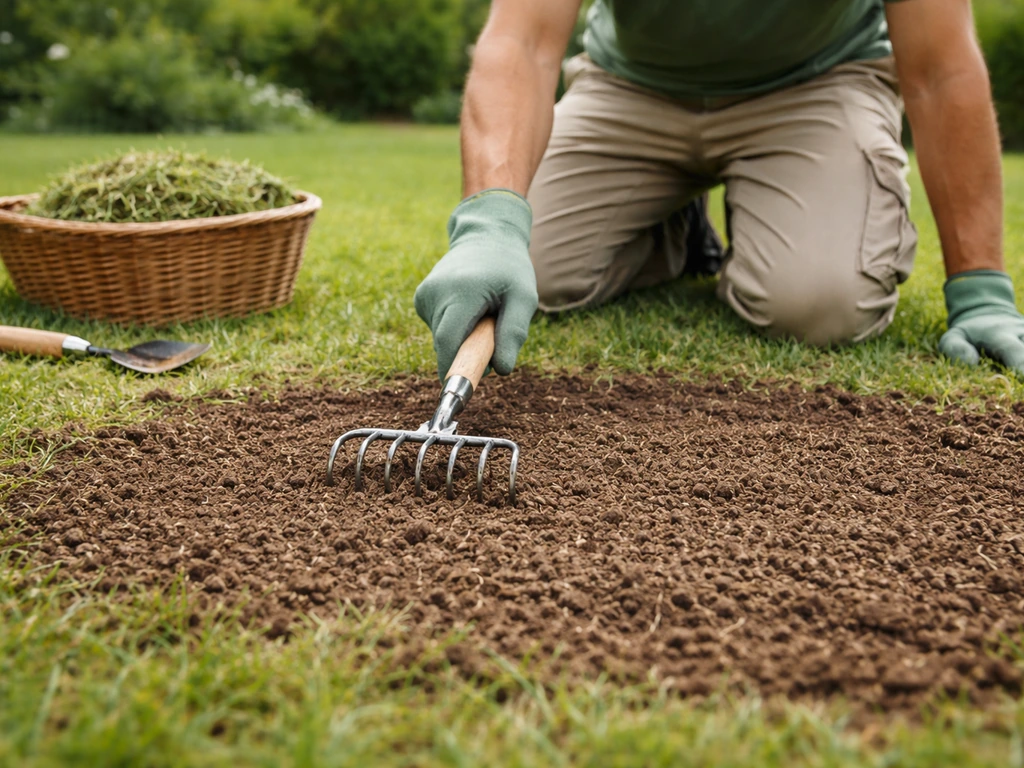 Jardinier seul au sol préparant une pelouse avant sursemis : outils, terre meuble et griffage léger