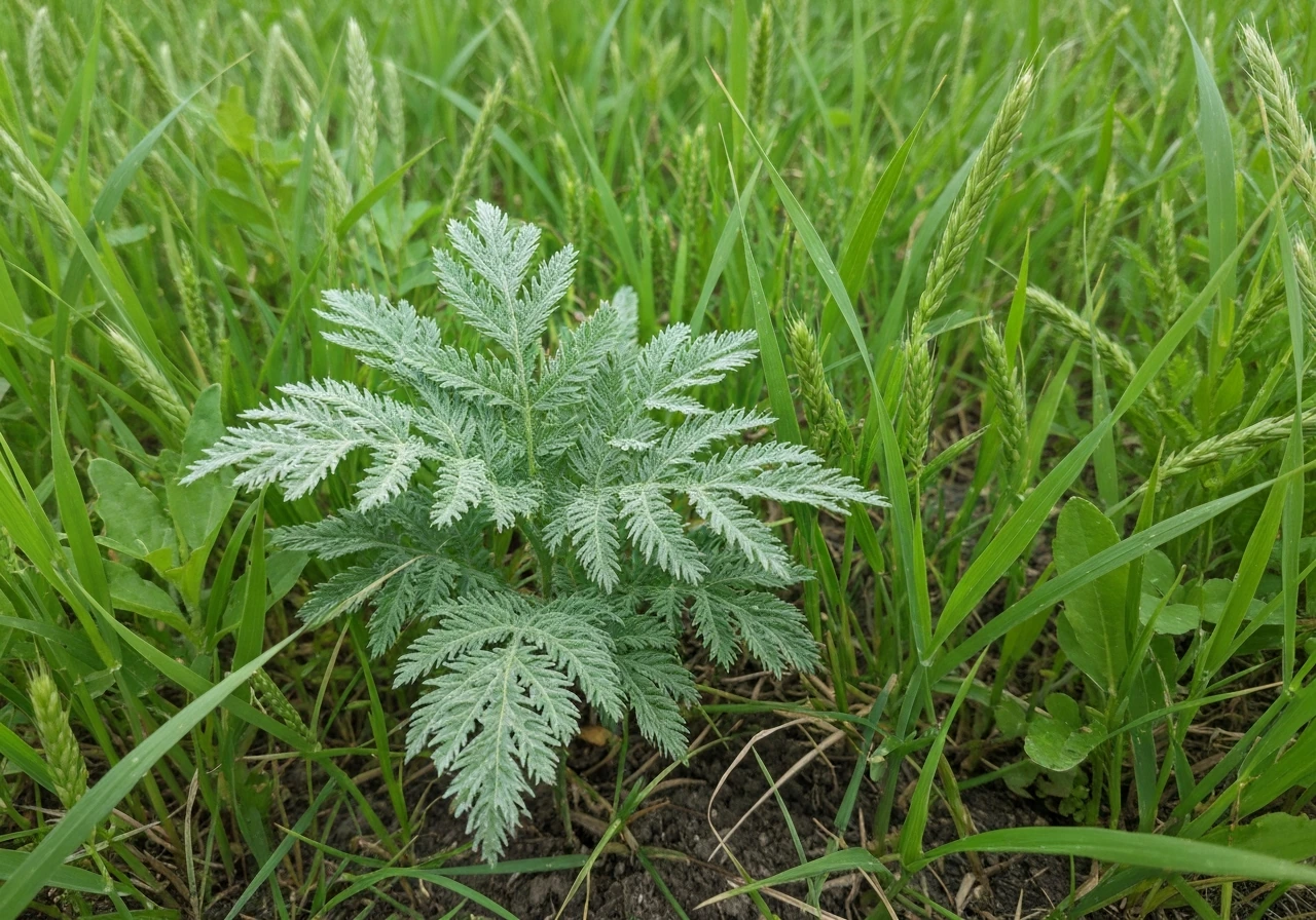 Achillée millefeuille au premier plan, feuilles finement découpées comparées à des brins de graminées de pelouse.