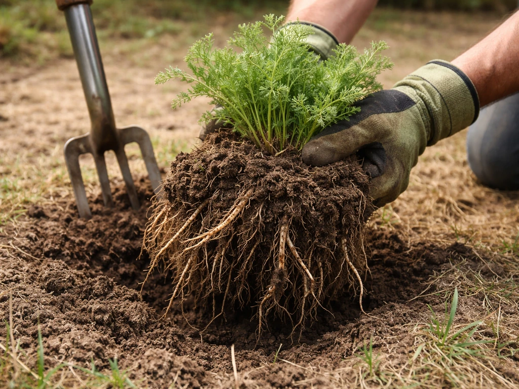 Un jardinier arrache une touffe d’achillée avec gants, outil à la main, racines visibles dans la terre.