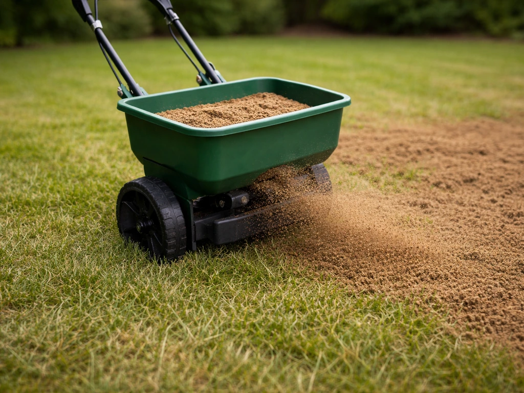 Épandeur déversant une tourbe pour top dressing sur une pelouse fraîchement préparée en France
