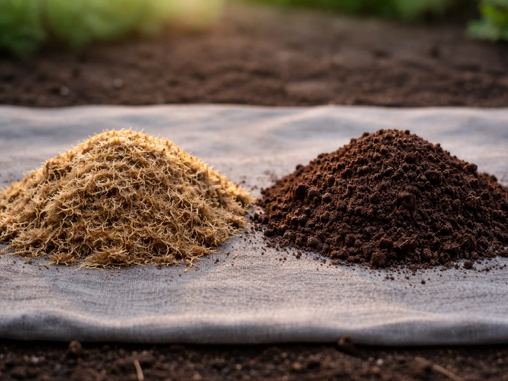 Deux types de tourbe pour pelouse, tourbe blonde fibreuse et tourbe brune sombre, textures nettement visibles.