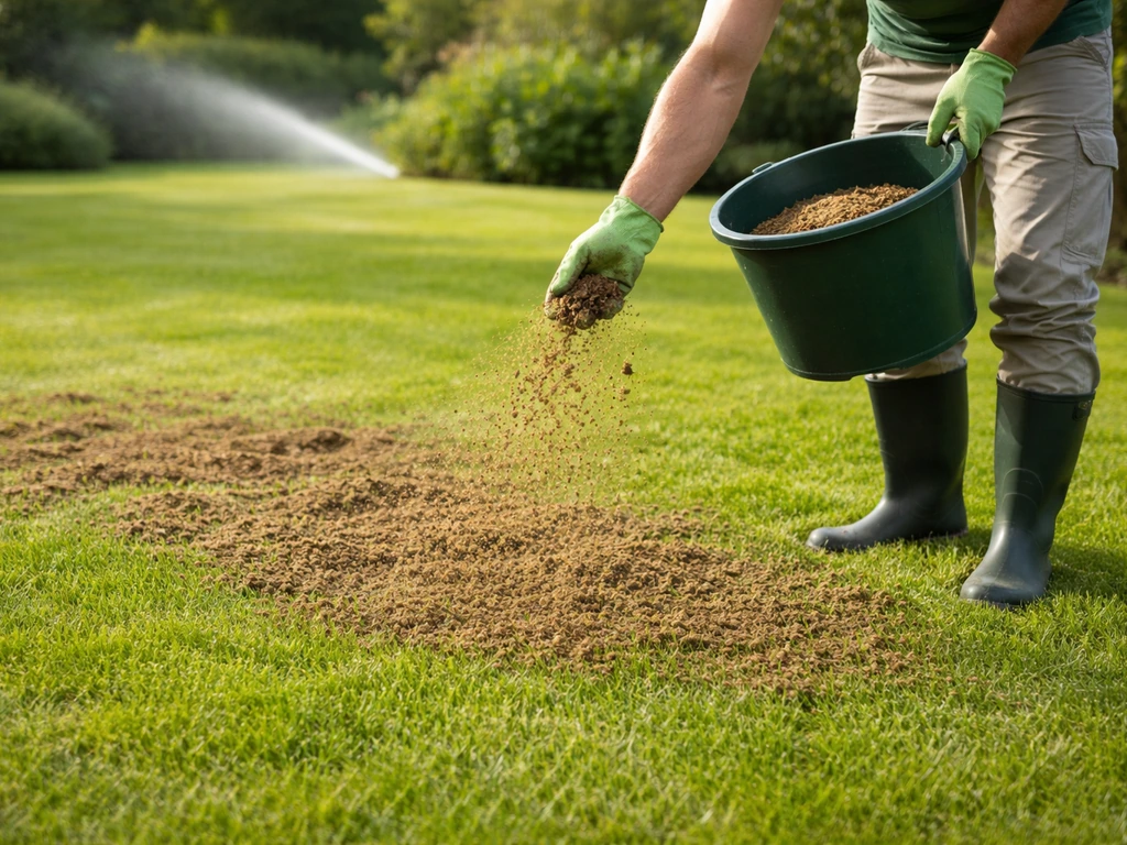 Application en fines passes d’une tourbe sur pelouse tondue court, avec herbe encore visible et arrosage.