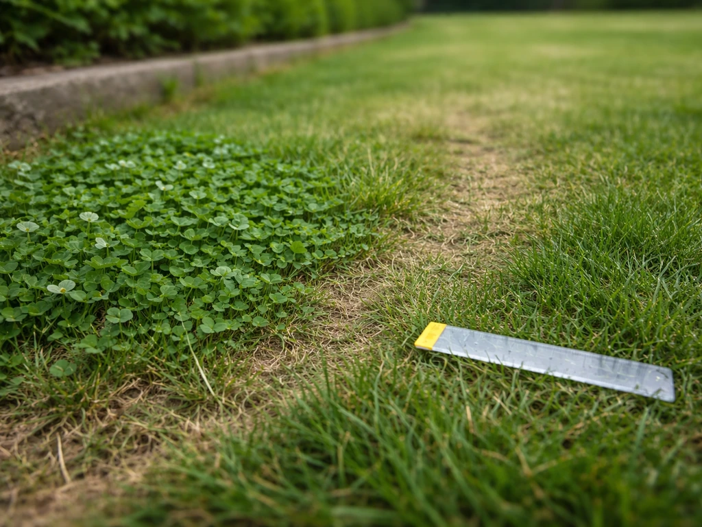 Pelouse de jardin vue de près, zones de trèfle près des bordures et d’un passage, avec un petit repère au sol.