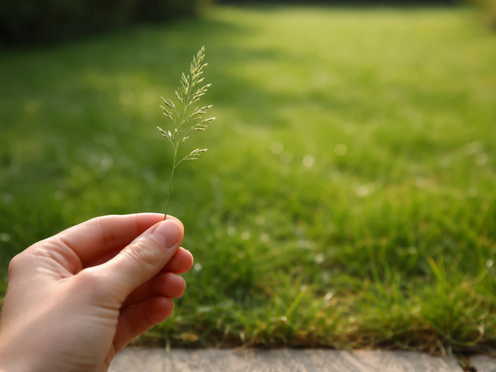 Main tenant une plante de pelouse près d’un brin d’herbe, décor de jardin minimal.