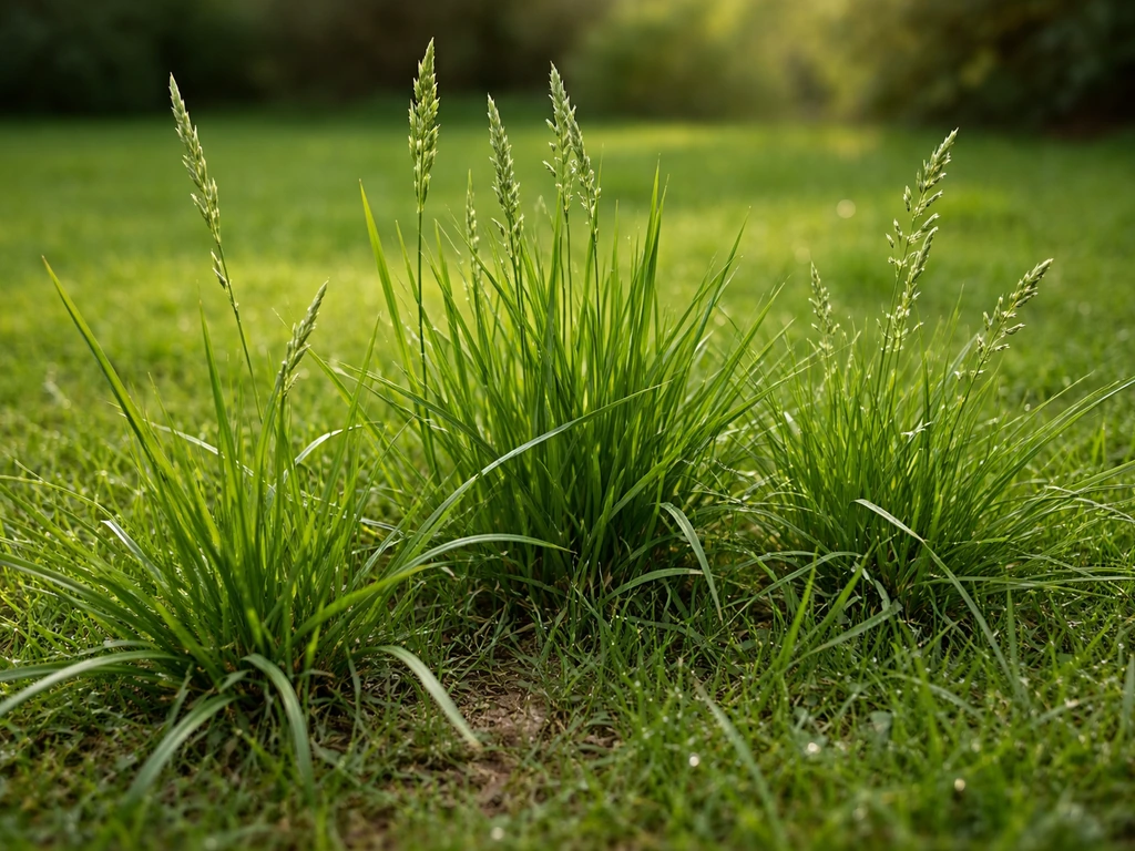 Gros plan de feuilles de ray-grass, fétuque élevée et pâturin des prés sur une pelouse, aspect naturel