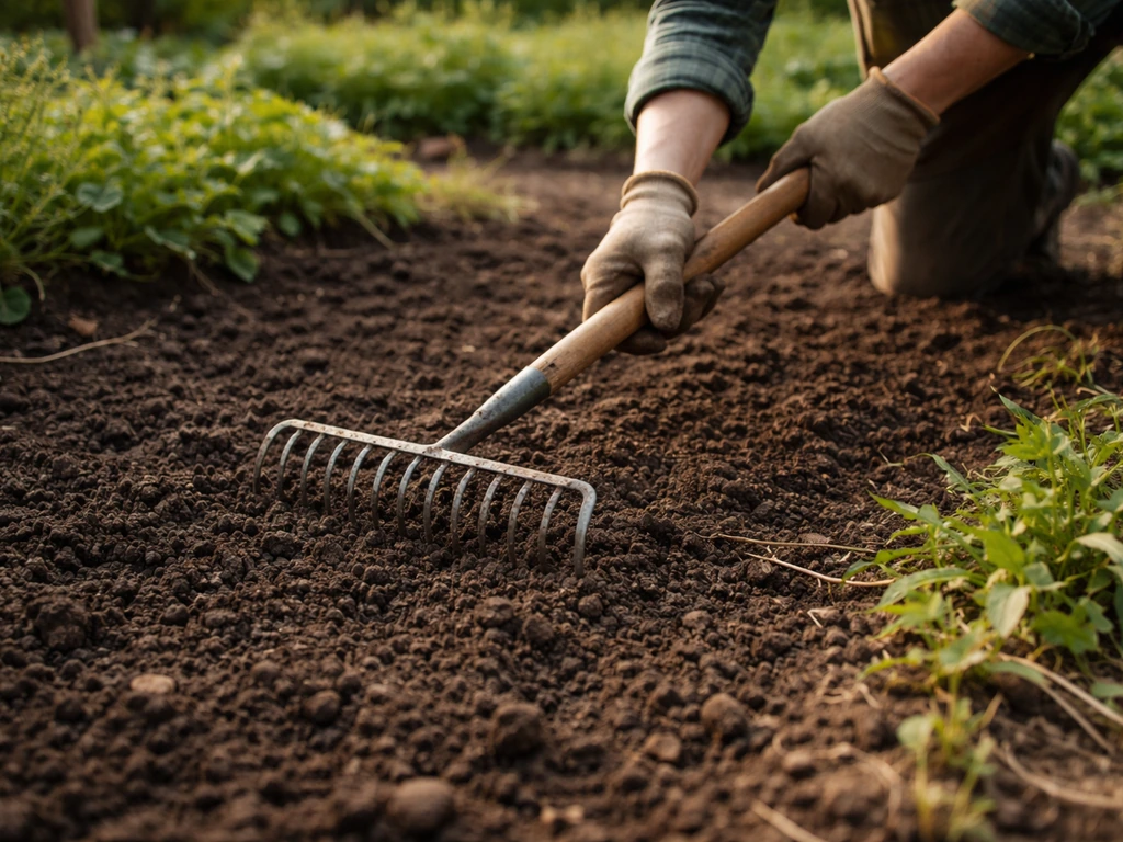 Mains et râteau griffant légèrement la terre avant de semer, dans un potager au naturel.