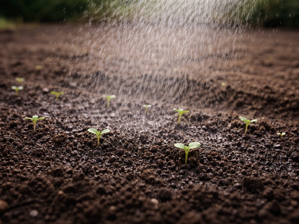 Sol de potager fraîchement semé avec jeunes pousses et pluie fine d’un arroseur, arrosage régulier.