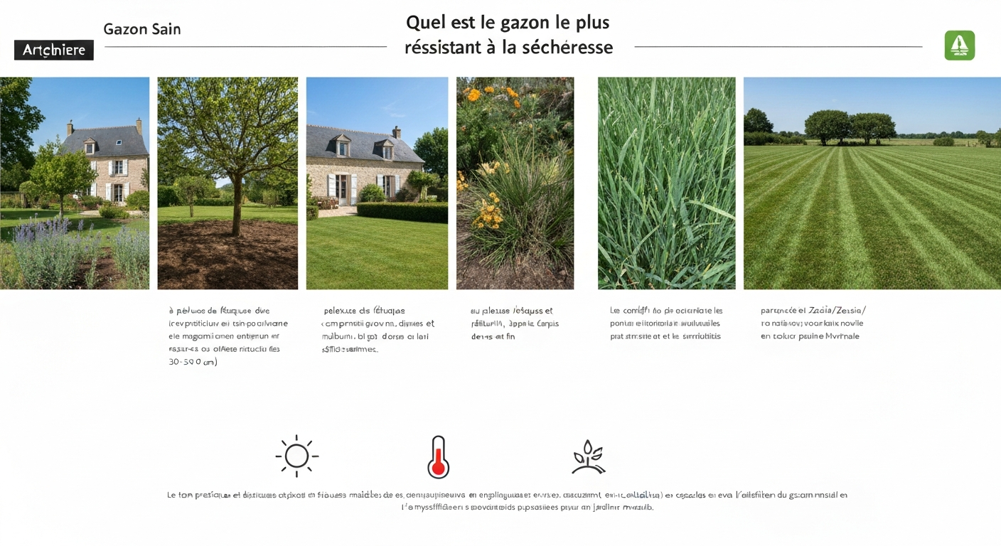 Jardin français montrant en trois bandes fétuque élevée (racines profondes), fétuques fines/pâturin et Bermuda/Zoysia, avec icônes climat.