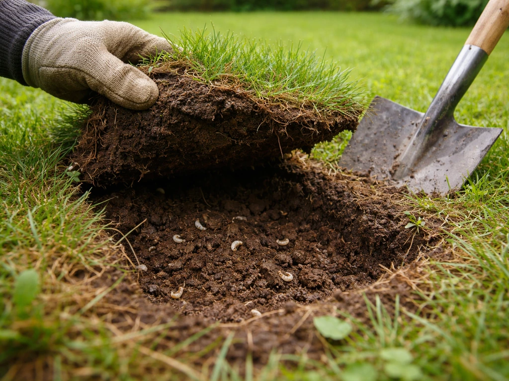 Jardin : bêche et carré de gazon découpé, terre humide et petites larves visibles pour évaluer l’infestation.