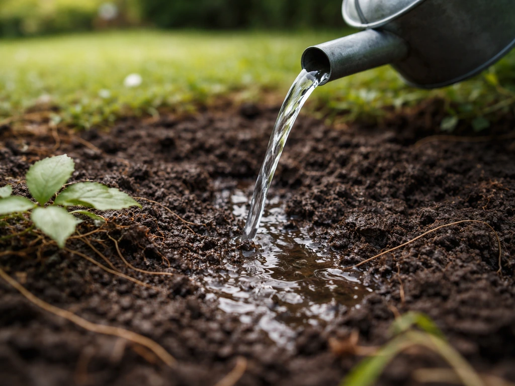 Un arrosoir verse de l’eau sur de la terre humide au ras du sol, illustrant une application ciblée.