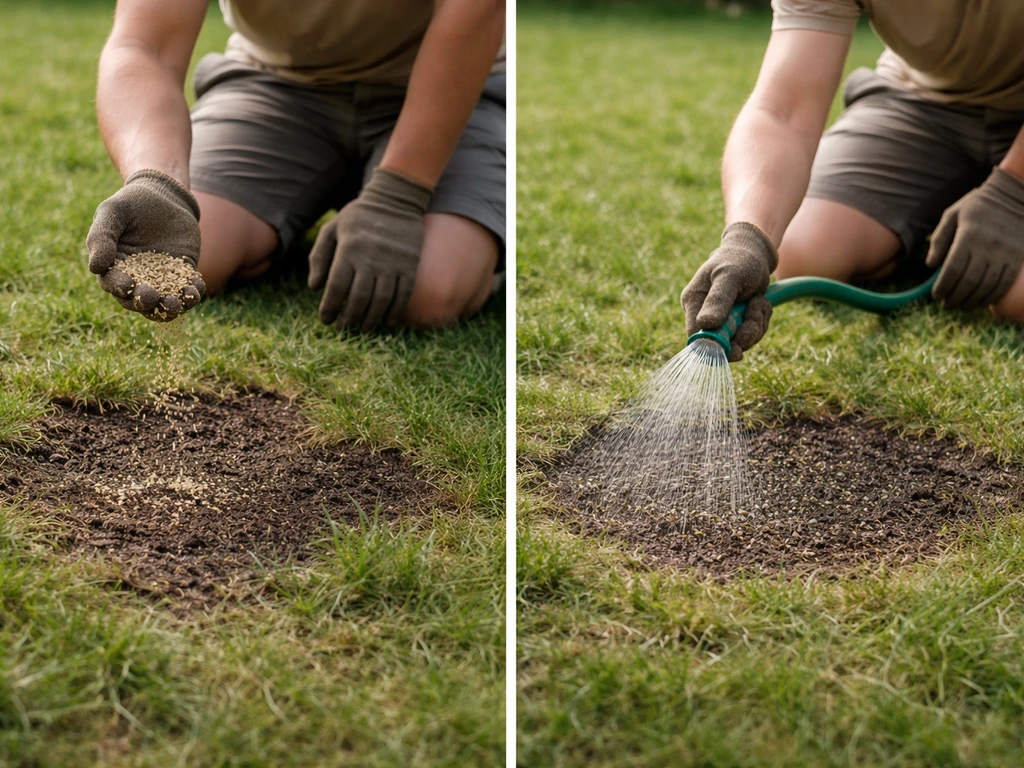 Personne anonyme regarnissant une zone dénudée de gazon avec des graines, arrosage fin, jardin minimal.