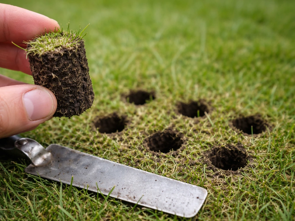 Aérateur carotte extraite du sol, montrant des trous fraîchement ouverts et la profondeur au bord d’un jardin