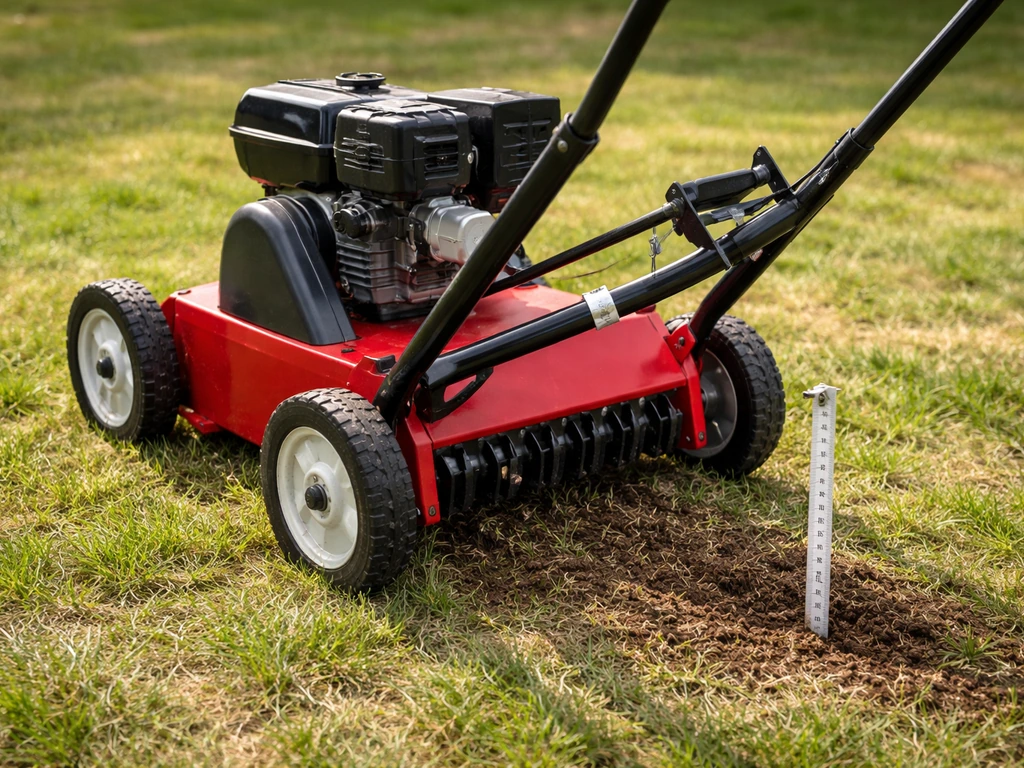 Aérateur à moteur posé sur une pelouse, réglage de profondeur visible et jauge indiquant 5 à 7 cm