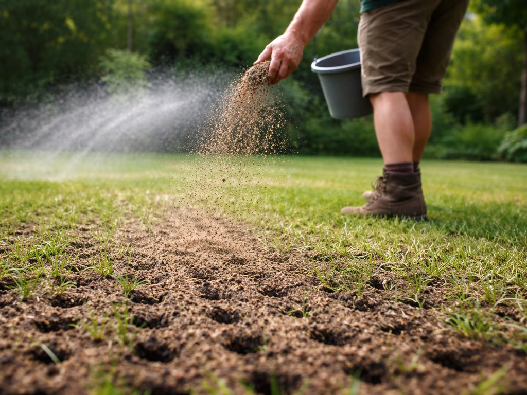 Topdressing en sable/terreau qui tombe dans les trous d’une pelouse aérée, avec arrosage léger en arrière-plan.