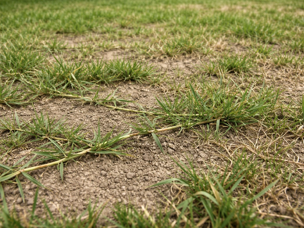 Pelouse clairsemée avec stolons d’herbe qui s’étalent sur un sol un peu sec et abîmé.