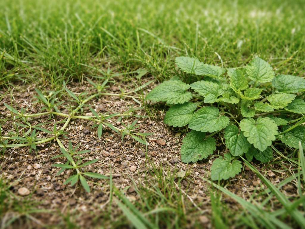 Deux plantes rampantes côte à côte dans une pelouse : stolon de graminée à gauche, mauvaise herbe à droite.