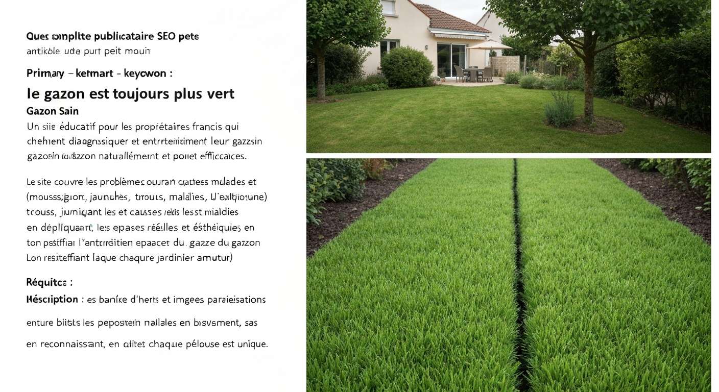 Pelouse d'un jardin français au matin : ma pelouse en premier plan avec zones clairsemées et, en arrière-plan, la pelouse du voisin paraissant plus verte.