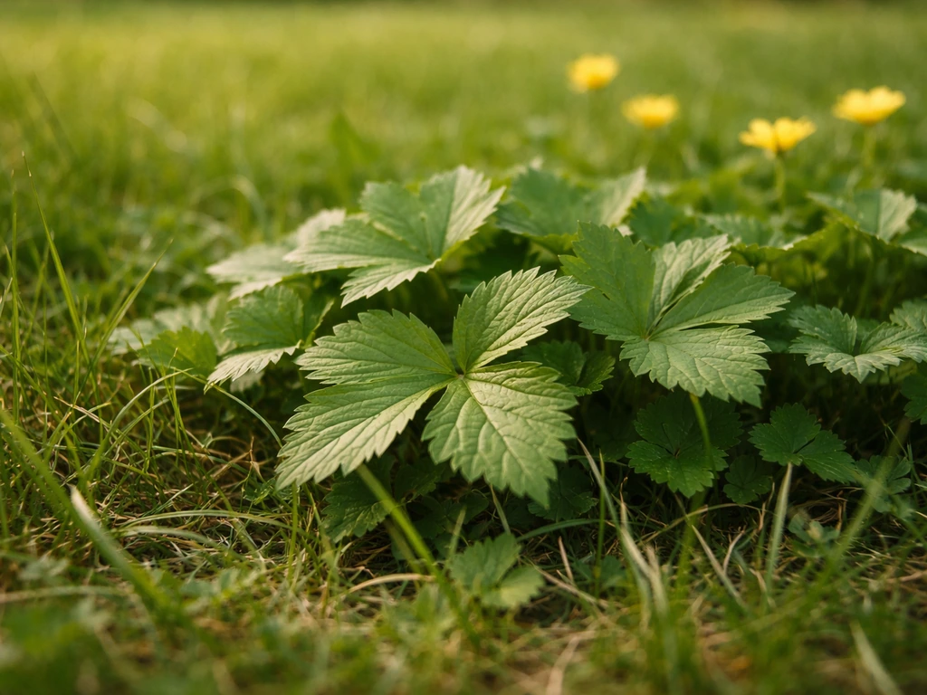 Gros plan sur les feuilles triangulaires à trois lobes dentés d’une renoncule rampante dans le gazon.