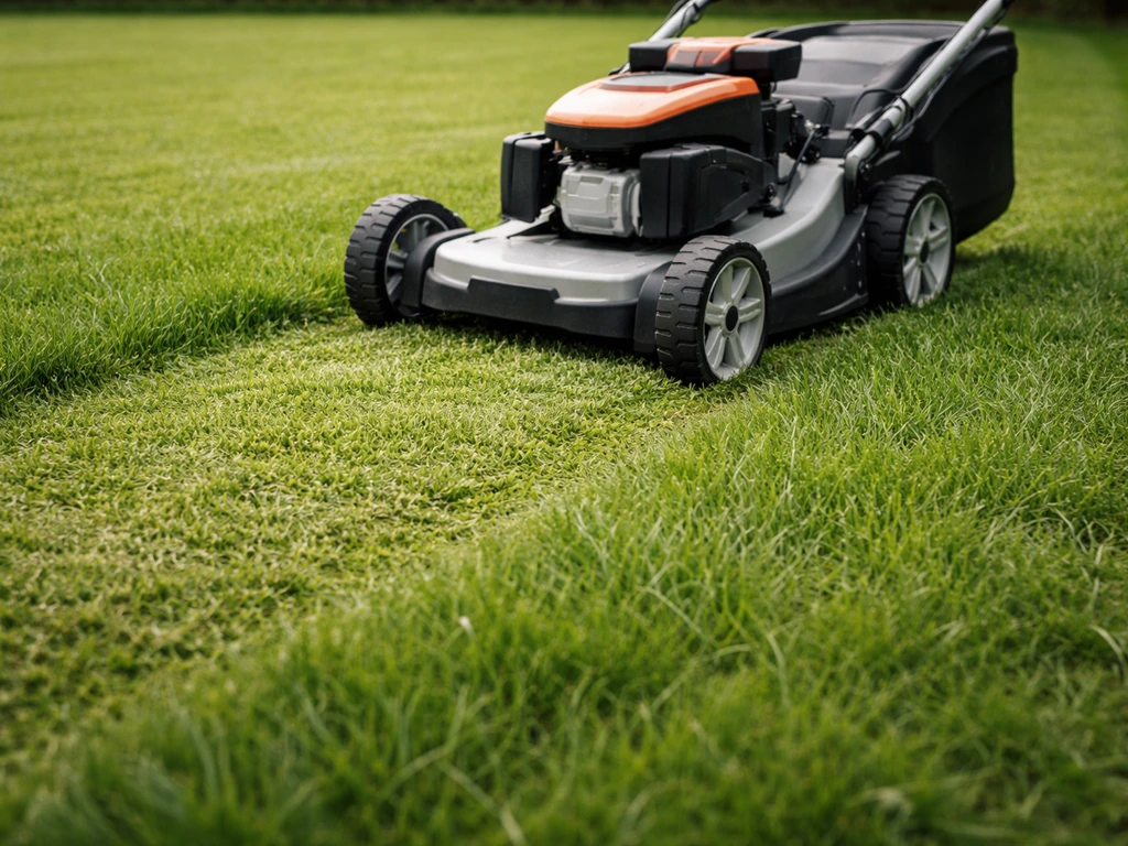 Tondeuse réglée sur une pelouse rabattue, brins d’herbe plus courts autour de la zone traitée.