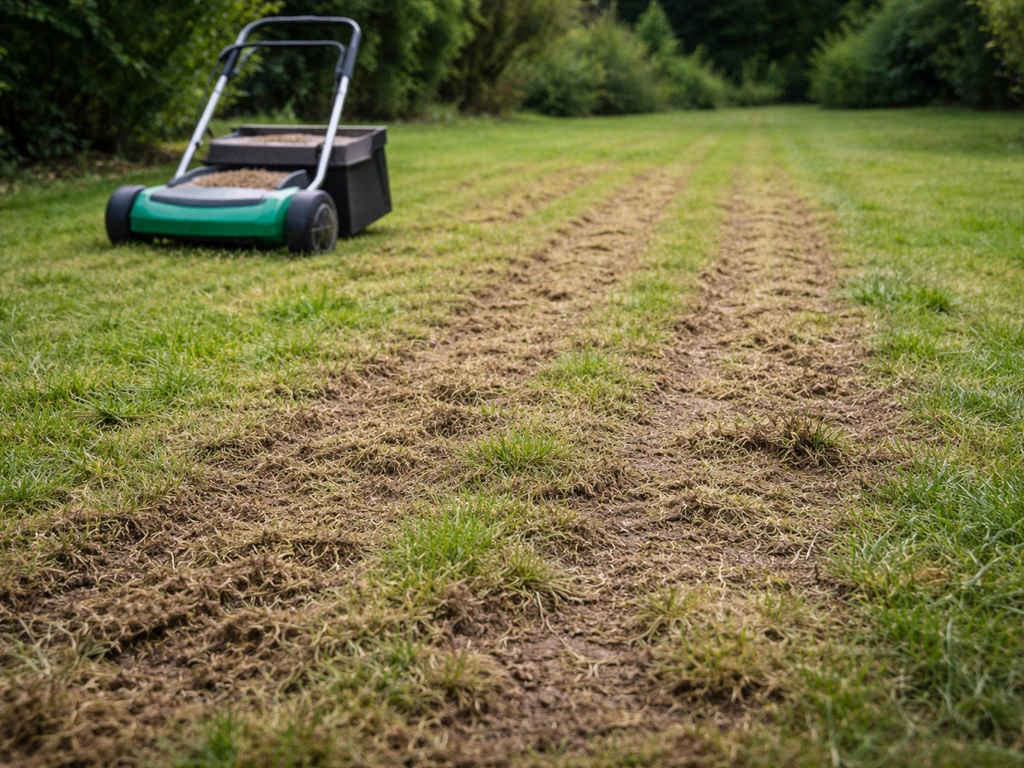 Pelouse avec trace d’un scarificateur, sol légèrement ouvert prêt pour le regarnissage.