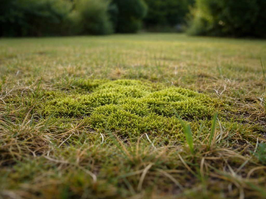 Pelouse de jardin avec une zone de mousse verte dense et herbe clairsemée, vue au ras du sol.