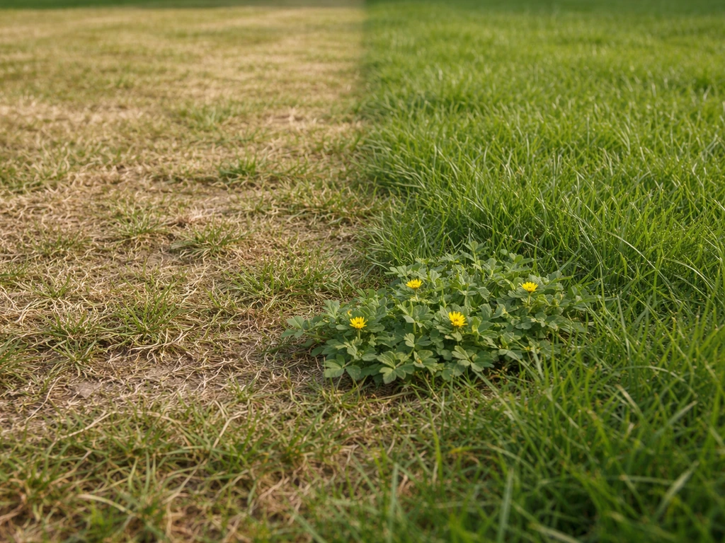 Gazon avec deux zones : tonte rase et tonte à hauteur, avec potentille rampante plus présente dans la zone affaiblie.