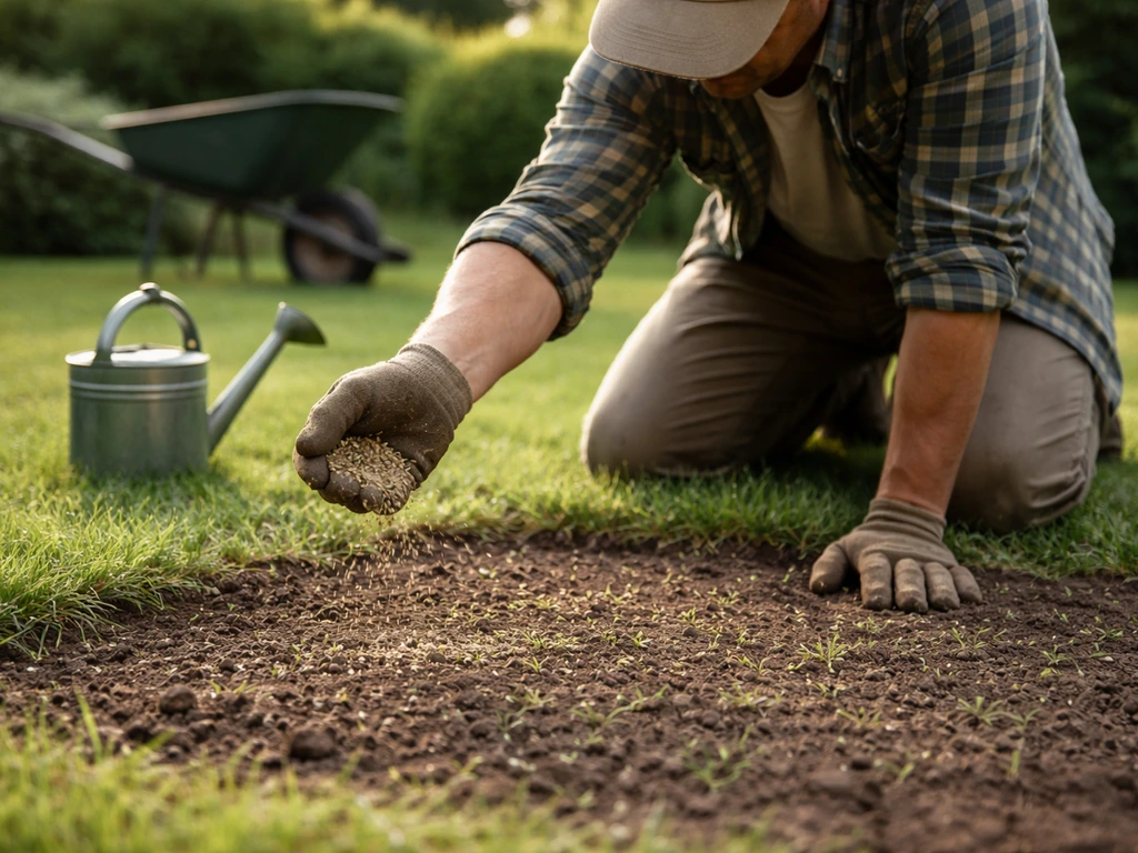 Un jardinier sursemant une zone vide de pelouse, graines et jeunes semis visibles entre l’herbe.